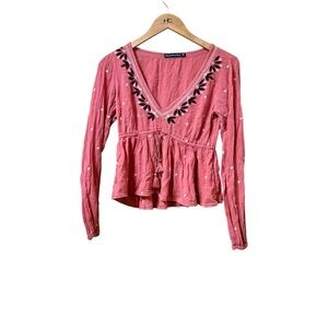 Abercrombie & Fitch Y2K Pink Floral Embroidery V-Neck Babydoll Blouse Sz XS